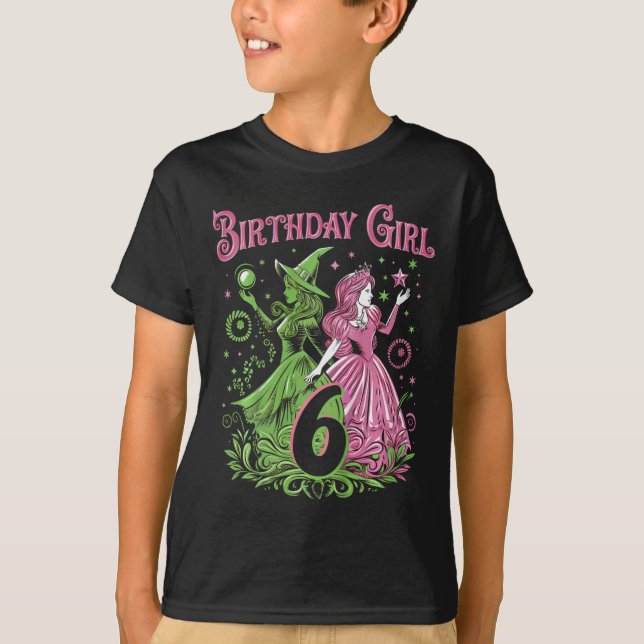 Camiseta Crianças 6 bruxas de aniversário rosa e verde de 6 (Frente)