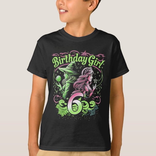Camiseta Crianças 6 bruxas de aniversário rosa e verde de 6 (Frente)