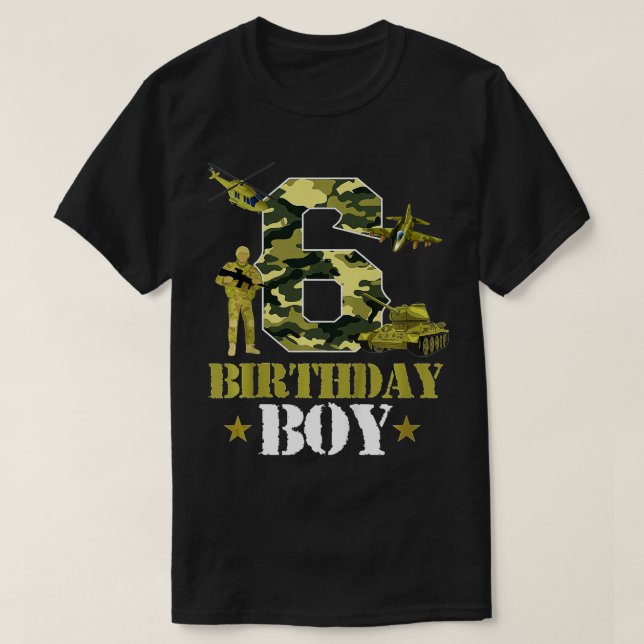 Camiseta Crianças 6 de Aniversário Militares Themed Camo Bo (Frente do Design)