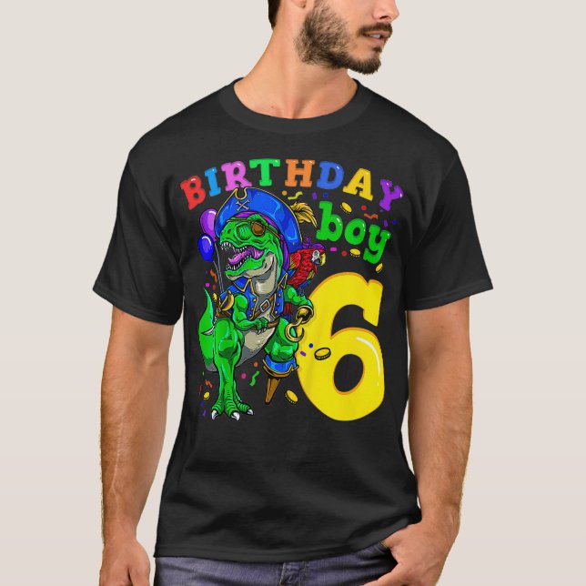 Camiseta Crianças 6 de Aniversário Pirata Dinossauro de Ani (Frente)
