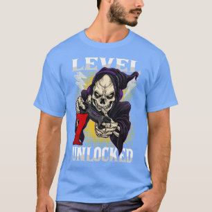Camiseta Crianças 7 Birthday Gamer Skeleton Nível 7 Desbloq