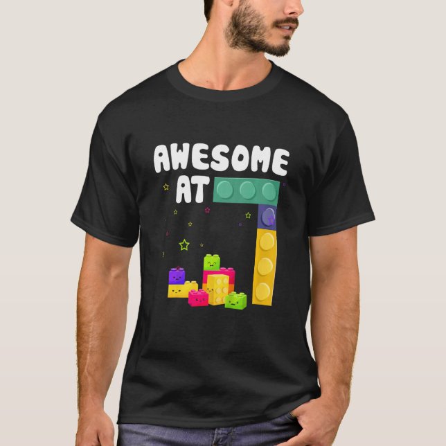 Camiseta Crianças 7 de Aniversário Blocos de Edifício Brick (Frente)