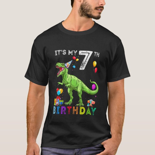 Camiseta Crianças 7 de Aniversário de 7 Anos Menino Rex Din (Frente)