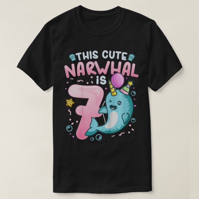 Camiseta Crianças 7 de Aniversário Narwhal 7 Tema de Festa  (Frente do Design)