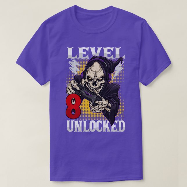 Camiseta Crianças 8º Aniversário Gamer Skeleton Nível 8 Des (Frente do Design)