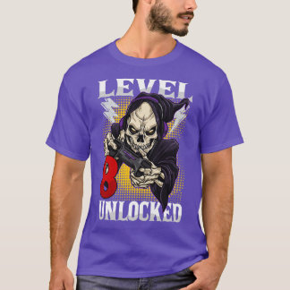 Camiseta Crianças 8º Aniversário Gamer Skeleton Nível 8 Des