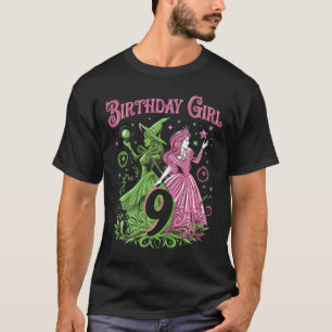 Camiseta Crianças 9º aniversário Bruxa rosa e verde de 9 an