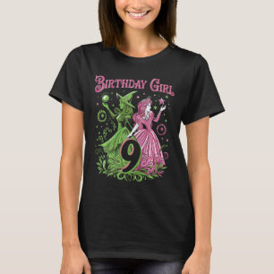 Camiseta Crianças 9º aniversário Bruxa rosa e verde de 9 an