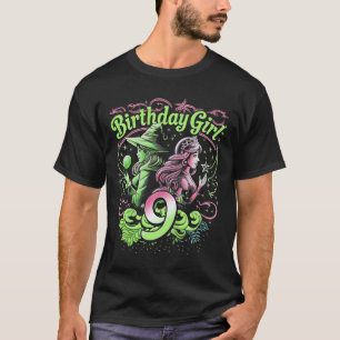 Camiseta Crianças 9º aniversário Bruxa rosa e verde de 9 an