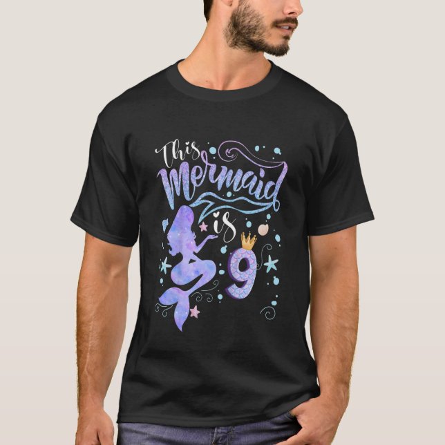 Camiseta Crianças 9º Aniversário Esta Sereia É 9 Raparigas  (Frente)