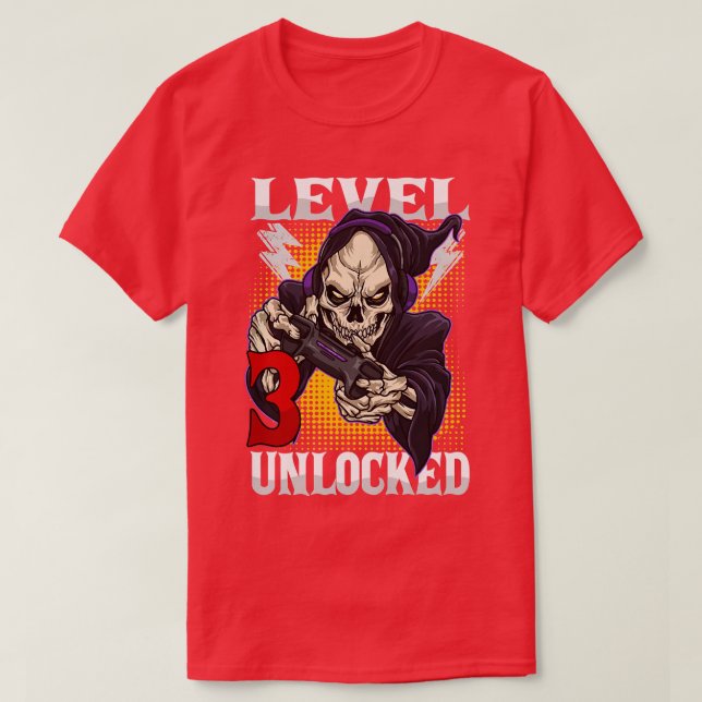 Camiseta Crianças aniversário de 3 anos Gamer Skeleton Níve (Frente do Design)