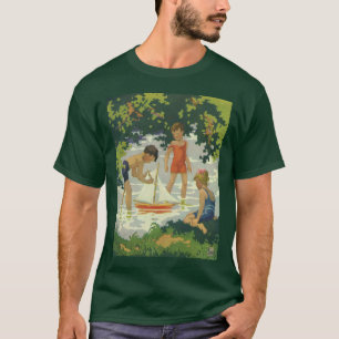 Camiseta Crianças Antigas Brincando com Barcos à Vela no La