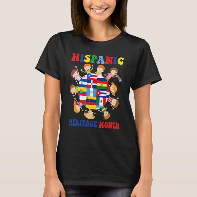 Camiseta Crianças ao redor do globo Hispânico Bandeiras Her (Frente)