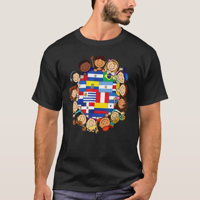 Camiseta Crianças ao redor do globo Hispânico Bandeiras Her (Frente)