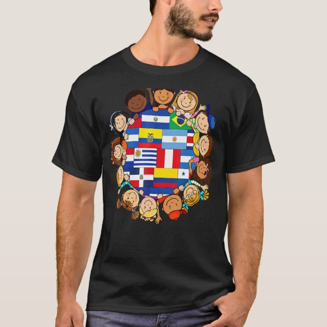 Camiseta Crianças ao redor do globo Hispânico Bandeiras Her (Frente)