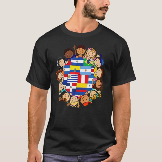 Camiseta Crianças ao redor do globo Hispânico Bandeiras Her (Frente)