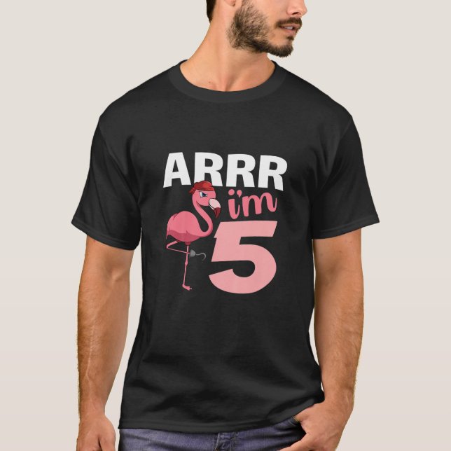Camiseta Crianças Arrr Eu tenho 5 anos Flamingo Pirate 5 Bi (Frente)