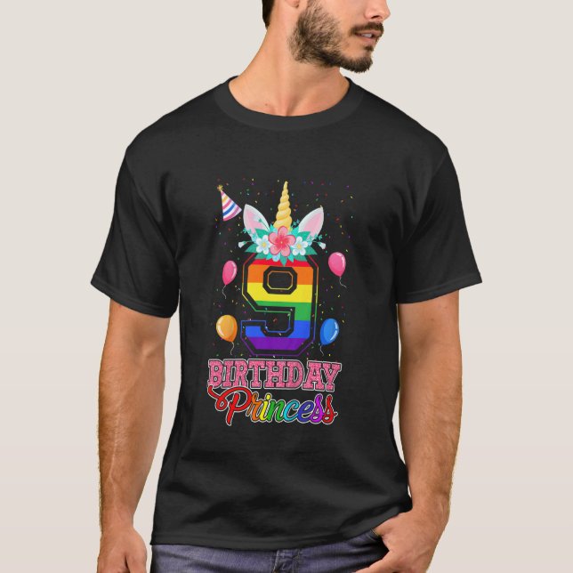 Camiseta Crianças Bonitas 9. º Aniversário Princesa Unicórn (Frente)