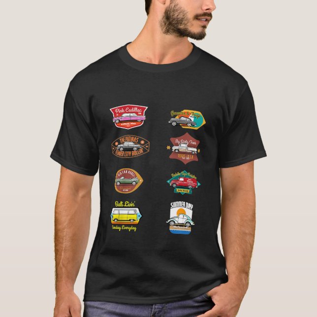 Camiseta Crianças Carros Clássicos Crachás Rapazes (Frente)