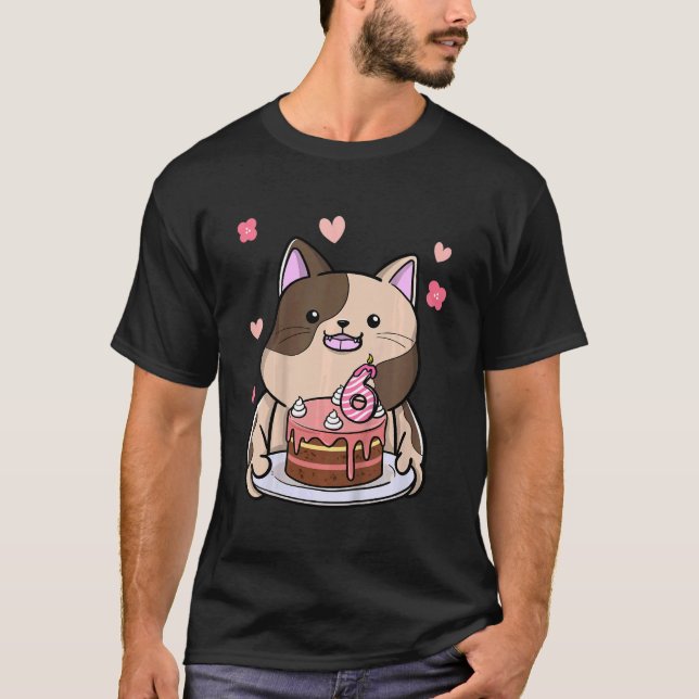 Camiseta Crianças Chubby Cat Segurando Um Bolo De Aniversár (Frente)