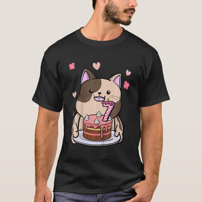 Camiseta Crianças Chubby Cat Segurando Um Bolo De Aniversár (Frente)