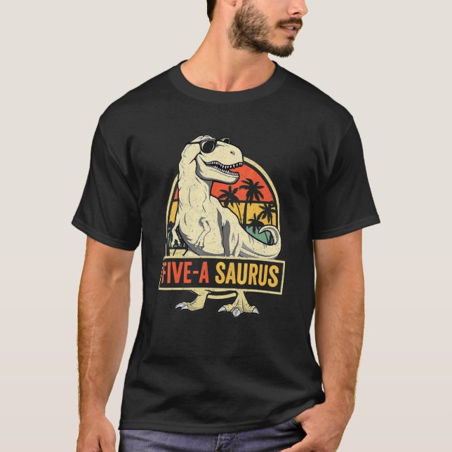 Camiseta Crianças com 5 anos Dinossauro 5 Rex Dino Fiv (Frente)