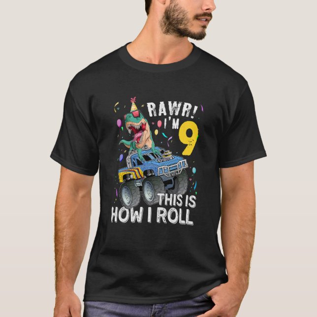 Camiseta Crianças com 9 anos Dinossauro Rex Monster Truck 9 (Frente)