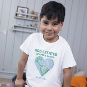 Camiseta Crianças Cristãs Deus Criou o Céu e a Terra Dia