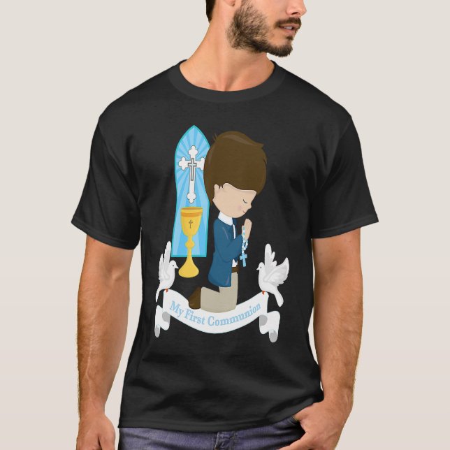 Camiseta Crianças da Primeira Comunhão Menino de Cabelo Cas (Frente)