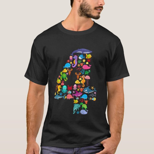 Camiseta Crianças De 4 Anos De Idade Animais Do Mar De Aniv (Frente)