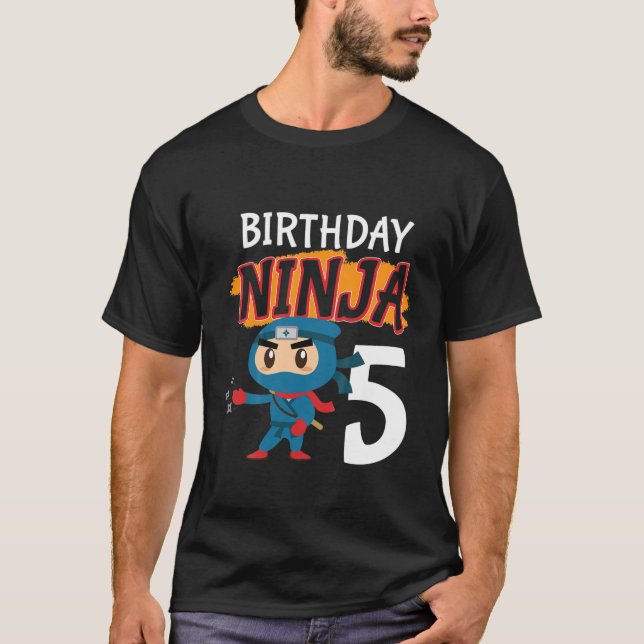 Camiseta Crianças de 5 anos 5 Ninja Birthday Boys Party Mar (Frente)