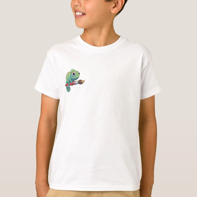 Camiseta Crianças de Camaleão Montado em Pincel (Frente)