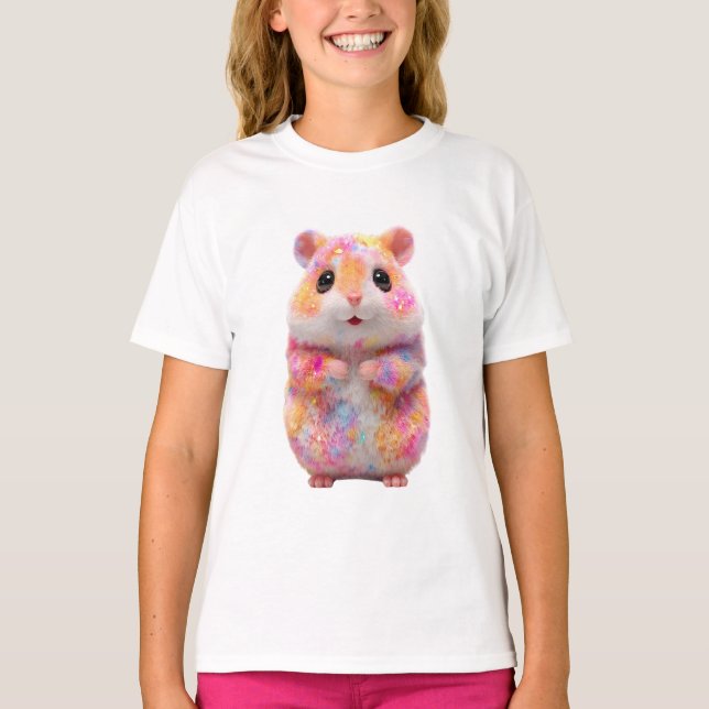 Camiseta Crianças de Hamster Galáctico Brilho Arco-Íris (Frente)