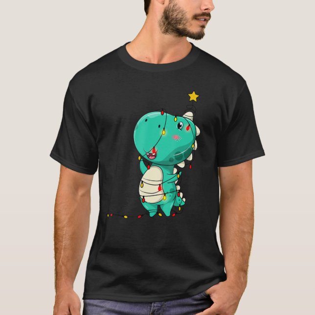 Camiseta Crianças de Natal Árvore de Dinossauro Rex Pajamas (Frente)