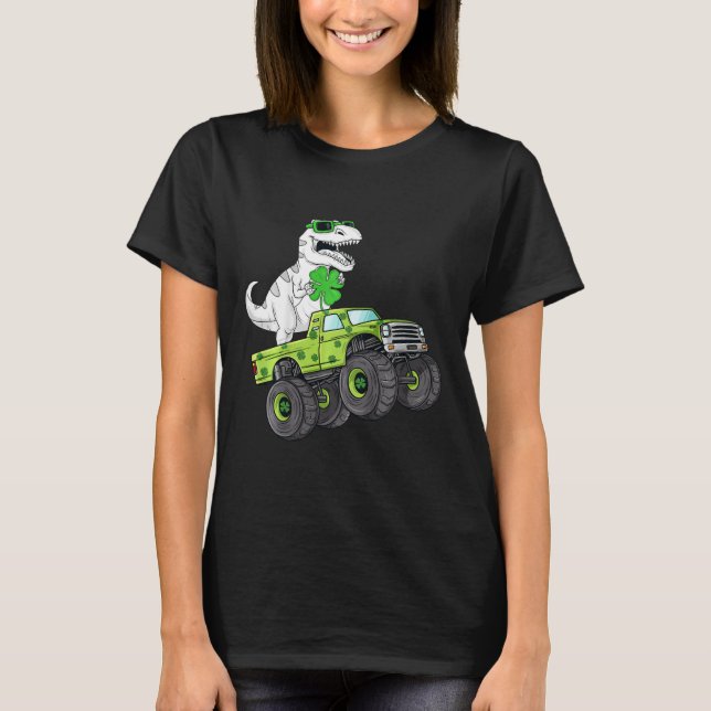 Camiseta Crianças Dia de São Patrício T Rex Monster Truck D (Frente)