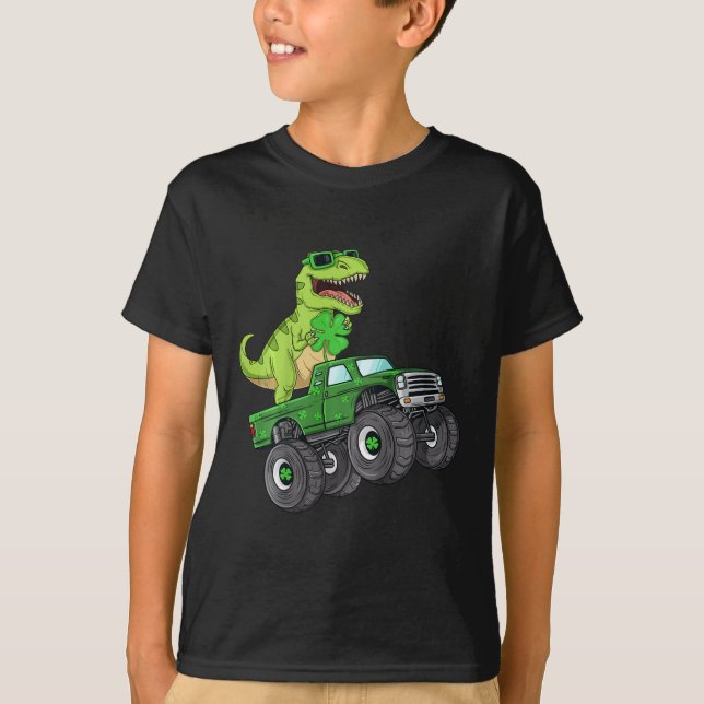 Camiseta Crianças Dia de São Patrício T Rex Monster Truck D (Frente)