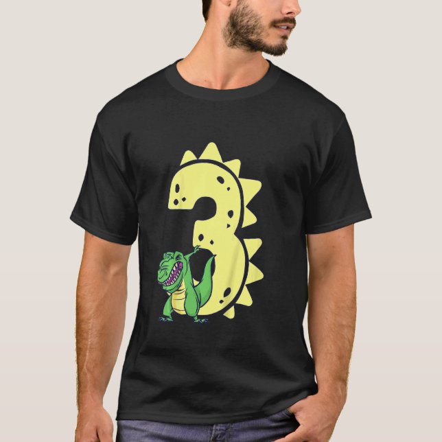 Camiseta Crianças Dinossauro Aniversário De 3 Anos Garoto R (Frente)