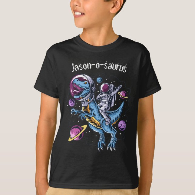 Camiseta Crianças Dinossauro Astronauta T-Rex Adicionar Cam (Frente)