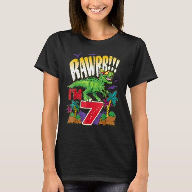 Camiseta Crianças Dinossauro Rawr Eu sou 7 de 7 anos Rex Bo (Frente)