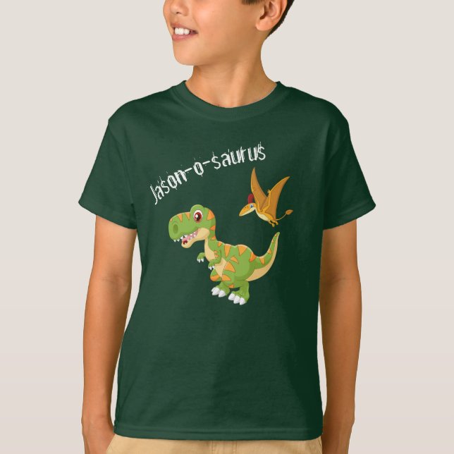 Camiseta Crianças Dinossauro T-Rex Adicionar Nome T-Shirt (Frente)