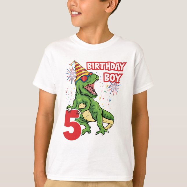 Camiseta Crianças do Dinossauro T-Rex 5 Birthday Boy T-Rex  (Frente)