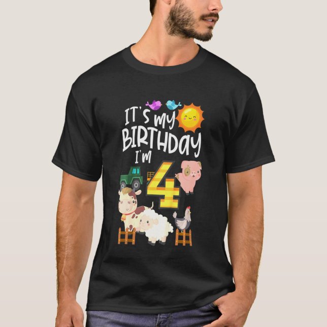 Camiseta Crianças É Meu Aniversário, Tenho 4 Anos De Animai (Frente)