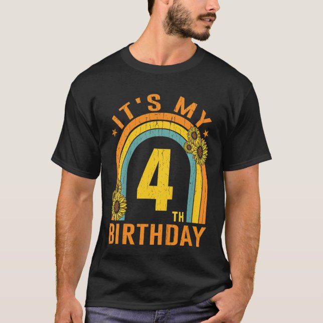 Camiseta Crianças, é meu quarto aniversário, girassol, 4 an (Frente)