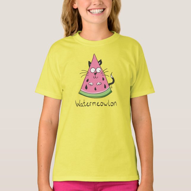 Camiseta Crianças Engraçadas De Melancia De Gato (Frente)