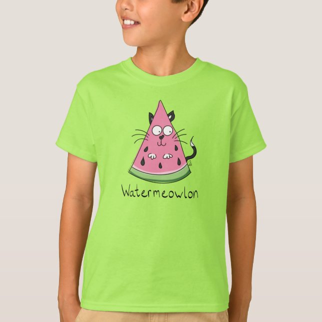Camiseta Crianças Engraçadas De Melancia De Gato (Frente)