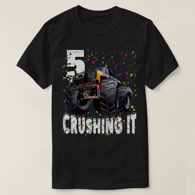 Camiseta Crianças Engraçadas Monstros Esmagando 5 Anos 5 (Frente do Design)