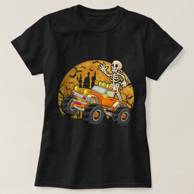 Camiseta Crianças Esqueletrizando Caminhão Monstro Hallowee (Frente do Design)