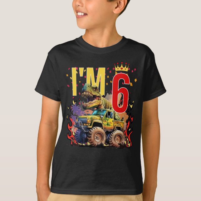 Camiseta Crianças Eu sou 6 Dinossauros de 6 Disparar Dinoss (Frente)