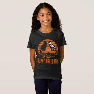 Camiseta Crianças Feliz Halloween Skeleton Cat Retro Sunse