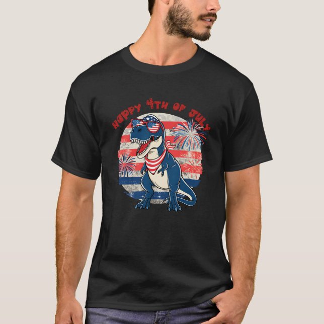 Camiseta Crianças FELIZES 4º de JULY Amerisaurus T Rex Red  (Frente)